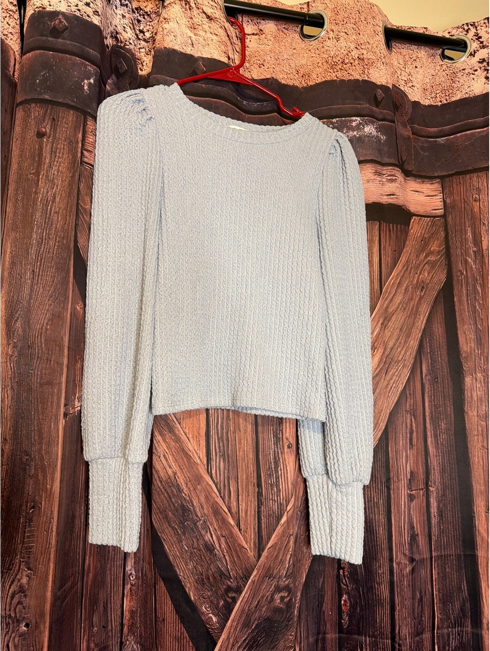 Altar'd State Light Blue Knit Sweater with Puff Sleeves, Size Medium
